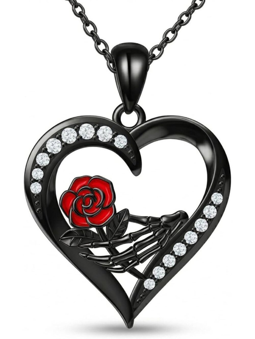 Romantic Gothic Skeleton Hand Rose Necklace Heart Pendant for Women Gifts